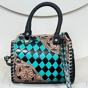 Customized Small Cute Hand Tooled Genuine Leather <b>Travel</b> Duffel <b>Bags</b> Women Western Design Checkered Pattern <b>Crossbody</b> Speedy <b>Bag</b> - Product Image 4