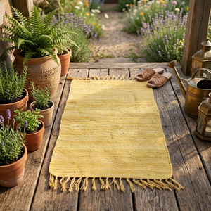 Tapis d'extérieur bohème en jute, rectangulaire, couleur unie, tissage plat, antidérapant, jaune, avec franges, pour terrasse - Product Image 1