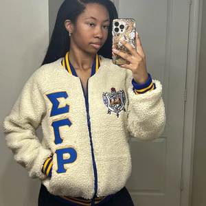 Sigma Gamma Rho <b>Sherpa</b> Bomber Jacket Warm Fleece Varsity Style Zip-Up Outerwear Casual Winter Jacket Ribbed Collar Cuffs Custom - Product Image 2