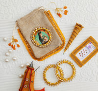 Panier-cadeau de mariage pour demoiselle d'honneur Maharani Potli en jute Cônes de henné Feuille de bindi Bracelets Mode écologique Été Printemps