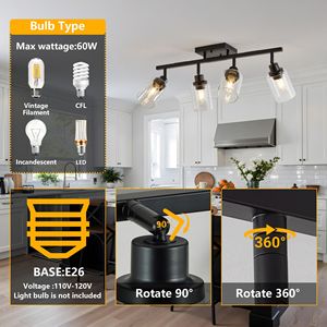 Moderna Plafoniera Nera a 4 Luci con Paralumi in Vetro Trasparente, Montaggio Semi-Incasso o a Parete Orientabile - Product Image 6