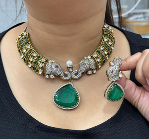 Premium <b>Elephant</b> Motif Hasli in Victorian Polki Luxury Necklace Set For Women Perfect For Special Occasions, Festive Events - Product Image 1