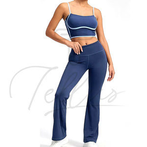 Women 2 Piece Yoga Set Blue <b>Crop</b> <b>Top</b> With Contrast Binding High Waist Flared Leggings Activewear Fitness Yoga Sets - Product Image 6