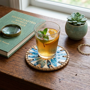 Rattan <b>Coaster</b>, Artisanal Woven Round <b>Drink</b> Mat with Blue Sunflower Mother of Pearl Inlay for Coffee Table, Dining & Bar Decor - Product Image 3