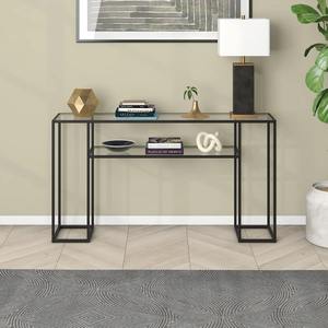 Bureau d'entrée contemporain en métal noir avec plateau en verre trempé, meuble de présentation étroit pour salon, étagère de rangement ouverte - Product Image 4