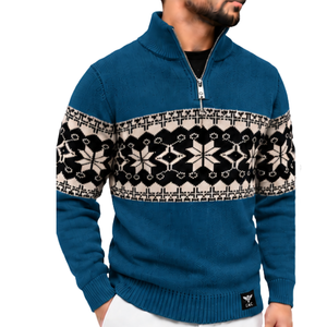 Pull pour homme bleu Fair Isle à col zippé, en tricot jacquard flocon de neige nordique, col montant, poignets et ourlet côtelés, hiver, vente en gros de tricots B2B - Product Image 1