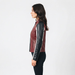 Chaqueta de cuero para mujer, estilo racer, con cuello alto, manga larga, cremallera, impermeable, corte ajustado, de cuero genuino - Product Image 4
