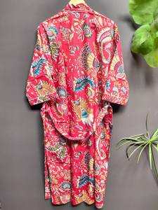 Bata Kimono de Algodón 100% Tejido con Estampado de Dibujos Animados para Mujer, Camisón de Verano Hecho a Mano, Cuello en V, Cintura Elástica, Largo Completo, Suave - Product Image 3