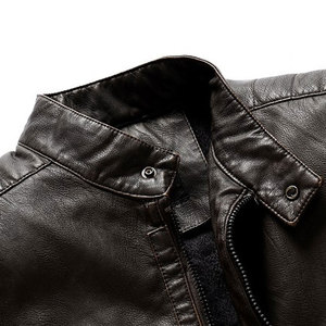 Unisex Slim Fit Premium Leather Moto Jacket Stand Collar <b>Covered</b> <b>Button</b> Closure Regular Sleeve Winter Style Solid Color Front - Product Image 2