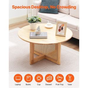 Mesa de Centro Moderna Boho de 33 Pulgadas, Circular, de Mimbre Tejido con Superficie de Madera de Caucho, Estilo 2022, para Uso en Interiores/Exteriores - Product Image 4