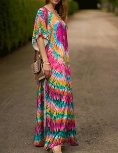 Vestido maxi tie-dye para mujer, cuello redondo, manga corta, corte holgado, estilo bohemio, ropa de playa de verano, material de rayón, dobladillo con abertura - Product Image 5