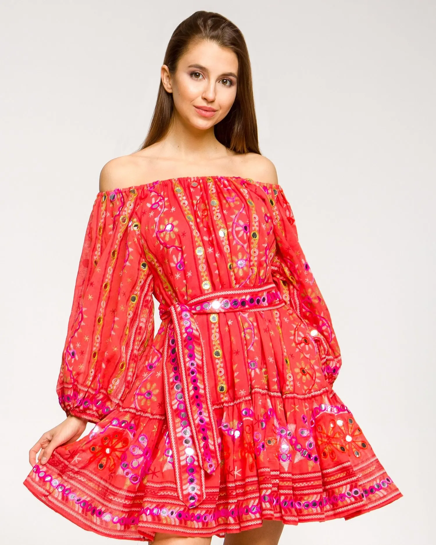 Spanish Neckline Trendy Girls Boho Style Decorated Embroidery & Big Sequin Mini Dress Summer Hot Red Bottom Flounce Women Tunic