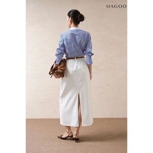 Jupe en jean droite blanche taille haute pour femme CV748, longueur cheville, minimaliste, unie, respirante, toutes saisons - Product Image 3