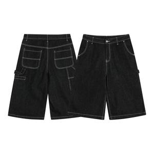 Shorts en jean baggy unisexe d'été style hip-hop respirant taille mi-haute noir délavé vintage à bords bruts décontracté avec grandes poches – Vente en gros - Product Image 2