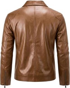 Men's <b>Slim</b> <b>Fit</b> PU Leather Moto <b>Jacket</b> Turn-down Collar Zipper Closure Solid Brown Regular Length Autumn Wear - Product Image 5
