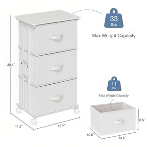 Comò mobile in tessuto a 3 cassetti con ruote, comodino contenitore bianco - Product Image 2