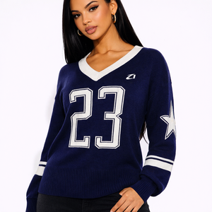 เสื้อเจอร์ซีย์กีฬาคอวีทรงโอเวอร์ไซส์ พรีเมียม ผ้าถัก ดีไซน์ตัวเลข สตรีทแวร์ แขนยาว แบบสวม ยูนิเซ็กส์ ผ้าตาข่าย ลายอเมริกันฟุตบอล - Product Image 1