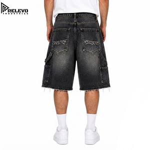 Shorts en jean baggy de haute qualité pour hommes, motif étoiles et flammes, style vintage délavé à l'acide, hip-hop, skate, avec chaîne porte-monnaie - Product Image 2