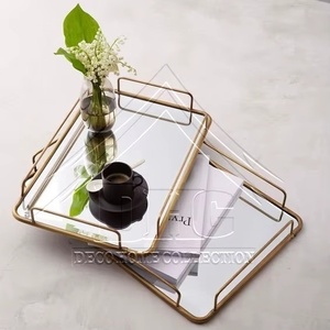 Luxury Gold Metal Framed Mirror Tray Rectangular Decorative Serving Tray <b>With</b> Handles For Home Decor Coffee <b>Table</b> Vanity Perfume - Product Image 1