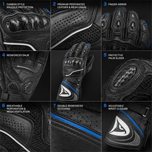 Gants de moto de course 2026 les plus vendus en cuir noir avec accents bleus, antidérapants, fermeture auto-agrippante pour la conduite - Product Image 4
