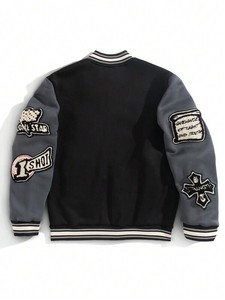 Men's Varsity <b>Jacket</b> Black Grey Sleeve Embroidered Cross Wisdom Peace Patch Design Streetwear Style Turn-down Collar - Product Image 2