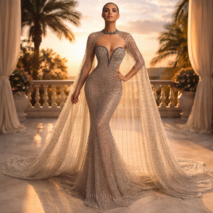 Robe de soirée de luxe en mauve, ornée de perles à la main, pour femmes |   Robe de soirée et de mariage élégante, longue, sans manches, avec broderie et cape - Product Image 1