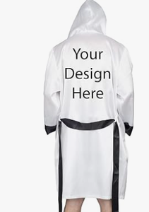 HAWK SPORTS INDUSTRIES Robe de boxe à capuche en satin noir avec bordure blanche, polyester durable, vêtements de sport confortables pour toutes les saisons - Product Image 2