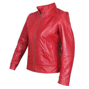 Chaqueta de motociclista de cuero genuino de oveja roja para mujer, con cremallera, cuello vuelto, estilo moderno. - Product Image 2
