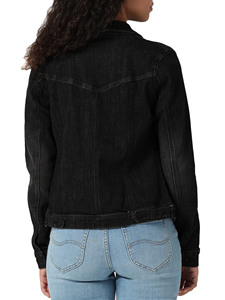 Women's Black Trucker Jacket Full Sleeve Turn-down Collar Denim Style Zipper Closure Solid Color Casual Autumn Wear - Product Image 5