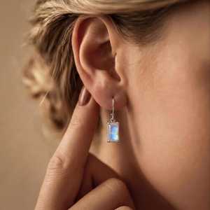 925 Sterling Silver Rectangle Natural Moonstone Drop <b>Earrings</b> Handmade Trendy Engagement Party Jewelry for Women - Product Image 2