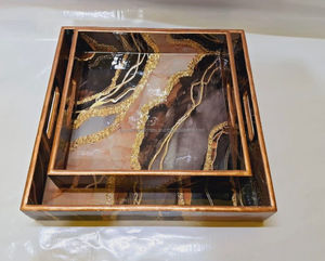 Plateau de service décoratif rectangulaire en bois laqué avec coquille de nacre, couleur et taille personnalisées, artisanat indien Tayyab pour la maison - Product Image 1