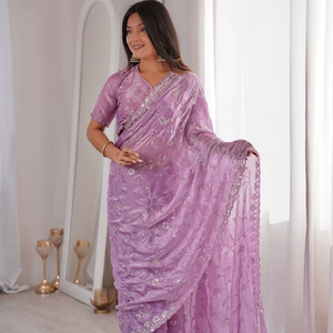 Sari indien prêt-à-porter pour femmes, orné de perles originales, en tissu de soie, en gros et à prix avantageux - Product Image 1