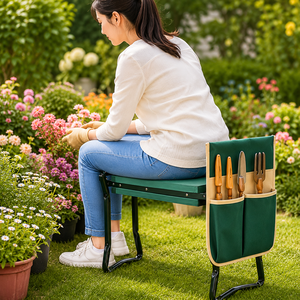 Taburete Plegable Verde para Jardín con Estructura de Acero Aleado, Capacidad de Carga de 150 kg, Bolsillos de Almacenamiento y Asiento - Product Image 5