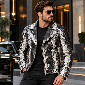 <b>Mens</b> Black White Embossed Snake Skin Leather Biker <b>Jacket</b> Premium Breathable Winter <b>Motorcycle</b> Moto <b>Jacket</b> Stylish - Product Image 1