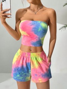 <b>Sexy</b> 2 Piece <b>Set</b> Women Summer Clothing Tie Dye Bandeau Crop Top and Elastic Waist Shorts <b>Set</b> Streetwear Lounge Wear OEM - Product Image 2