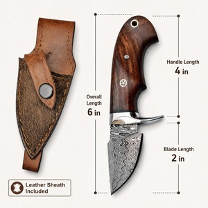 Couteau de camping et de dépecage artisanal à lame fixe Damas de 6 pouces, pointe tombante, avec manche en bois de rose et étui en cuir (OEM disponible) - Product Image 3