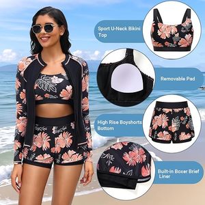 Women's 3 Piece Swimwear Set High Neck <b>Long</b> <b>Sleeve</b> Top Bandeau Bra Shorts Floral Print Contrast Binding Spandex Polyester - Product Image 4