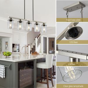 Lampadario a sospensione contemporaneo da 37 pollici per isola cucina, 5 luci, nichel spazzolato, paralumi in vetro trasparente, per sala da pranzo e stile rustico - Product Image 5