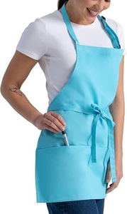 Delantal de poliéster tejido azul claro con bolsillos y cierre de lazo para mujer, uniforme para camareros de restaurante y bar - Product Image 3