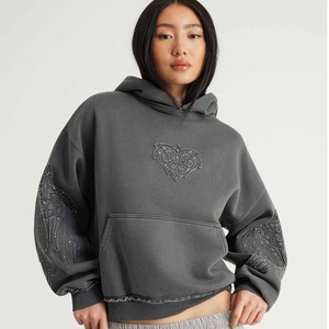 Women Oversized Hoodie Embroidered <b>Heart</b> Design Drop-Shoulder Solid Color Cotton Knitted <b>Sweatshirt</b> Autumn Casual Wear - Product Image 1