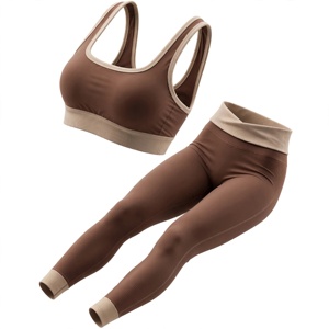 Conjunto de Yoga para Mujer: Sujetador Deportivo con Espalda Cruzada y Cuello Redondo, Leggings de Cintura Alta de Longitud Completa, Color Marrón Sólido, Acanalado, Sin Costuras, de Spandex/Nylon Térmico - Product Image 5
