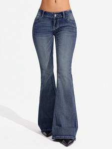 PORTACE ENTERPRISES Jeans de mezclilla acampanados de cintura alta, azul liso, algodón, corte regular, lavado claro, ecológicos, rasgados, estilo urbano, otoño - Product Image 1
