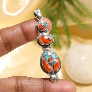 Best Selling Spiny Oyster Copper Turquoise Gemstone 925 Sterling <b>Silver</b> Handmade Boho Designer Pear Pendent for Women - Product Image 1