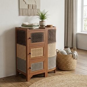 New Modern <b>Minimalist</b> Tri-Muka Wooden Storage Cabinet Natural Rattan Webbing 3 Doors Tri-Color Side <b>Table</b> Storage Nightstand - Product Image 4