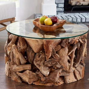 Table basse rustique en bois de teck rond fait main ARTERRA Premium avec plateau en verre pour salon - Product Image 6