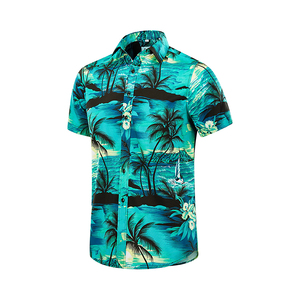 Chemise Hawaïenne Homme Manches Courtes Imprimé Floral Palmiers Bleus Respirante Col Rabattu Vacances d'Été Polyester Tissé 140g - Product Image 1