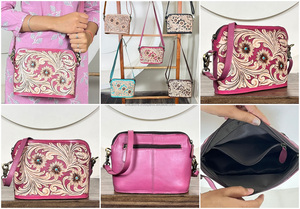 2026 Handcrafted Tooled Genuine Leather Crossbody Handbags Vintage Style Large Capacity Cash Holder Floral Pattern <b>Shoulder</b> Bags - Product Image 3