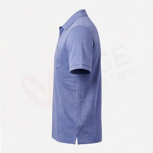 Polo homme bleu à manches courtes en coton Oxford avec poche, coupe décontractée, couleur unie, infroissable, design tissé - Product Image 3