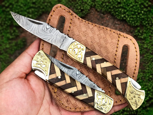Handmade Damascus Steel <b>Folding</b> Pocket <b>Utility</b> <b>Knife</b> Engraved Wood Back Lock Leather Sheath Customizable EDC Camping Hunting OEM - Product Image 4