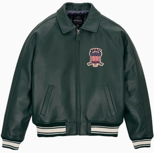 Chaqueta Bomber de Cuero Genuino Verde Impermeable para Hombre Avirex, con Logotipo Bordado en Lona, Cuello Camisero, Cierre de Cremallera, Estilo Urbano - Product Image 4